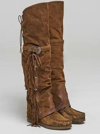 Women's over-the-knee tassel rivet flat high boots