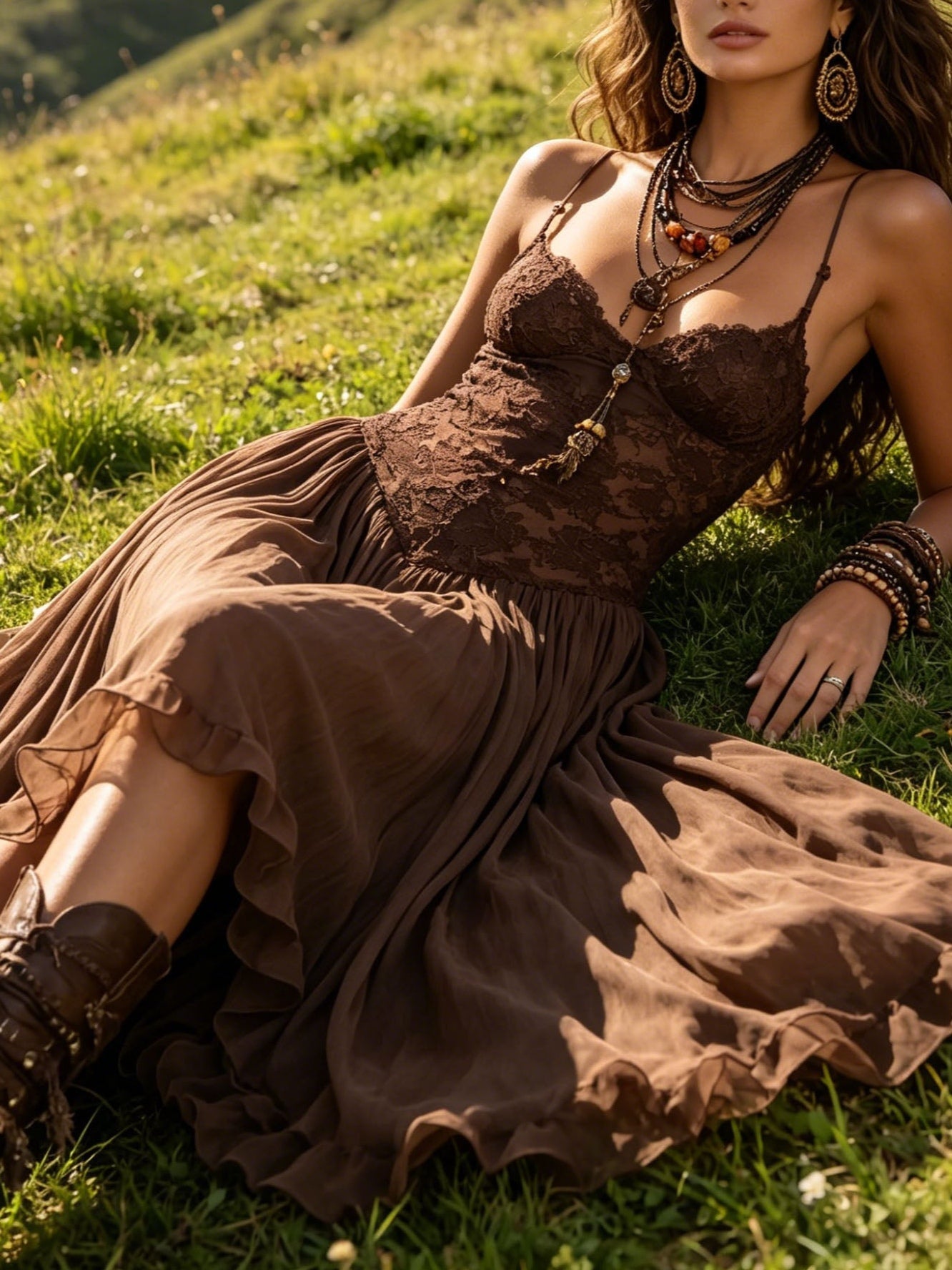 Dark Brown Lace Panel Maxi Chiffon Dresses