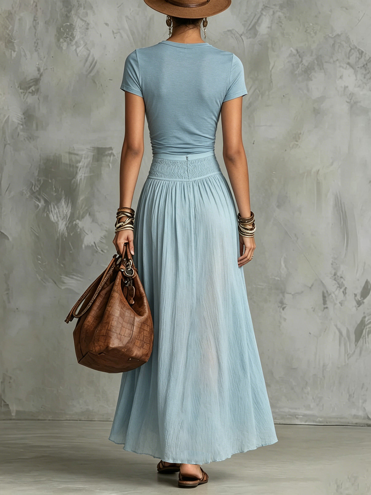 Sky Blue Knot Top & Slit Skirt Set