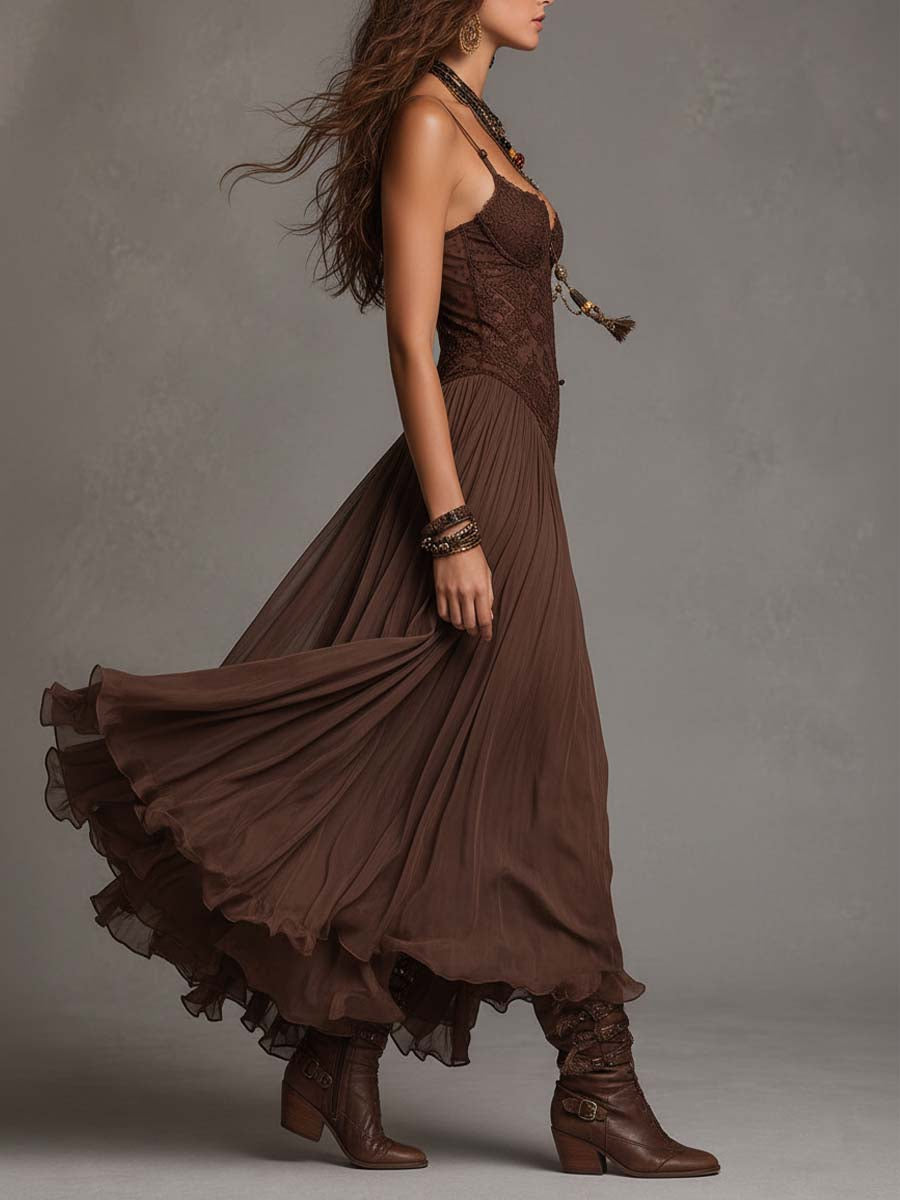 Dark Brown Lace Panel Maxi Chiffon Dresses