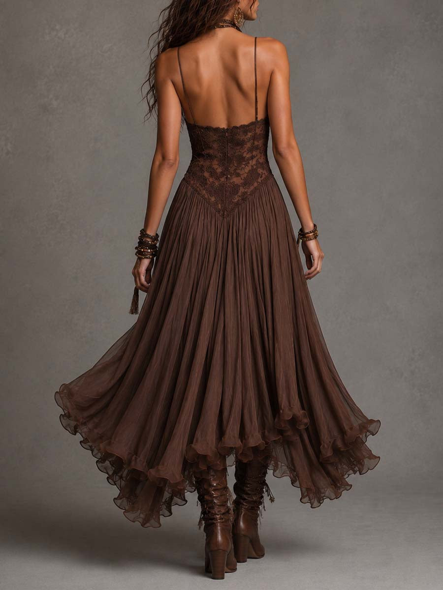 Dark Brown Lace Panel Maxi Chiffon Dresses