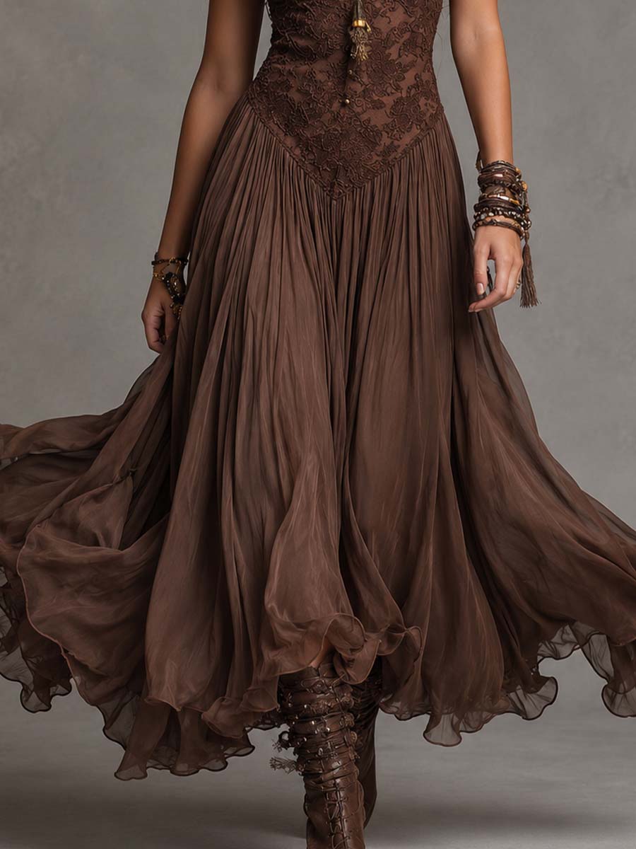 Dark Brown Lace Panel Maxi Chiffon Dresses