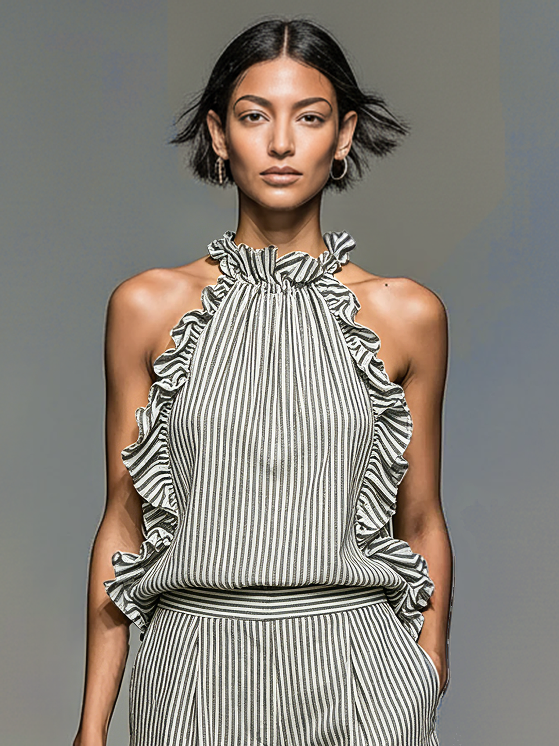 Minimalist Striped Sleeveless Ruffled Blouse And Shorts Set