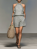 Minimalist Striped Sleeveless Ruffled Blouse And Shorts Set