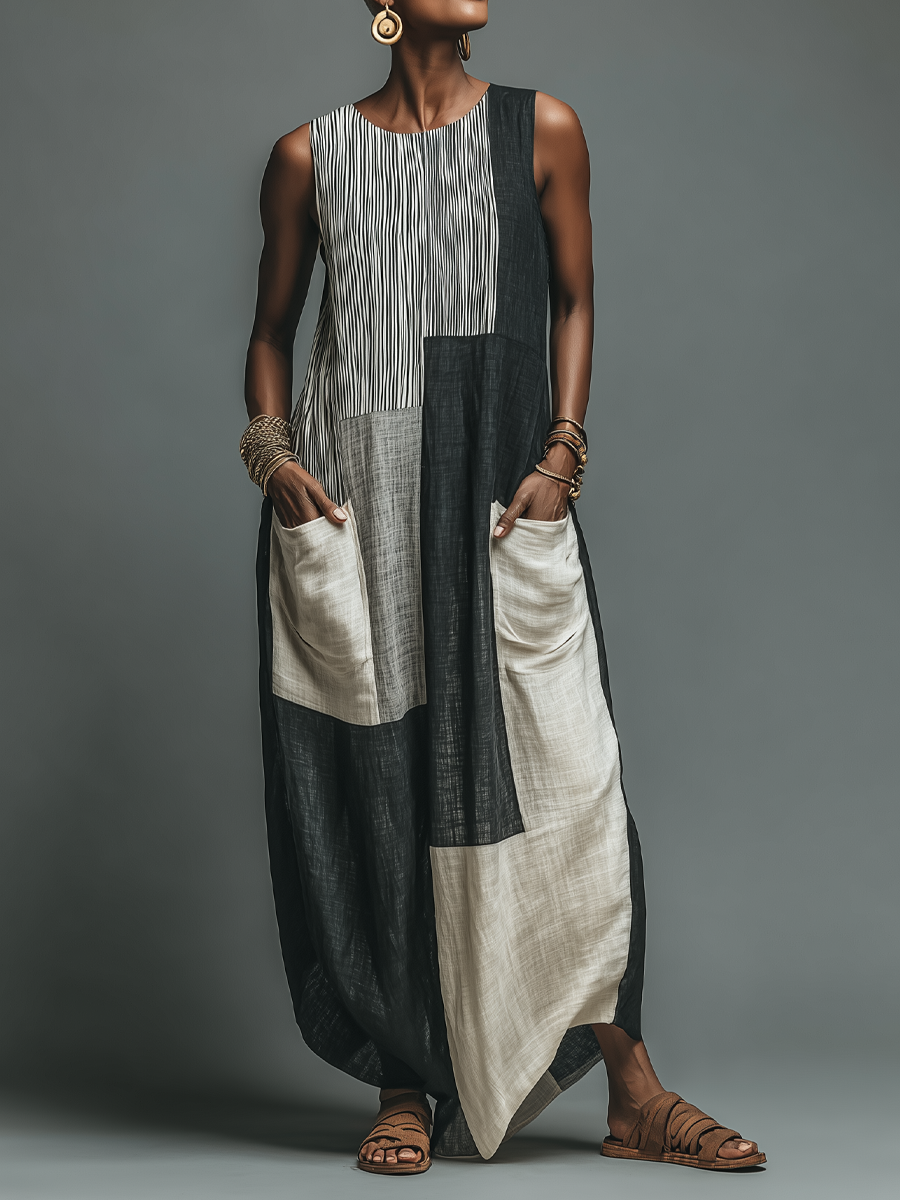 Resort Casual Style Linen-Blend Patchwork Sleeveless Maxi Dress