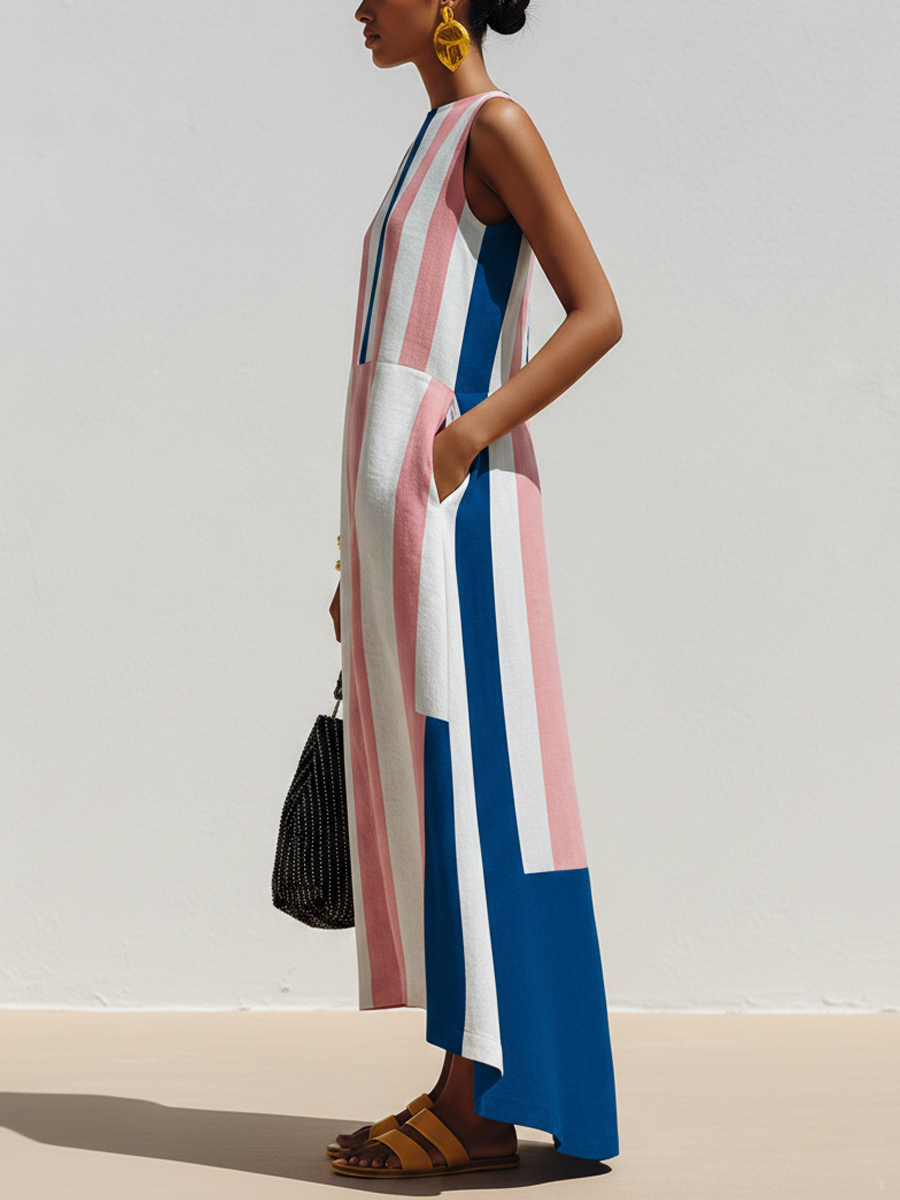 Printed Panel Cotton-Linen Maxi Dress
