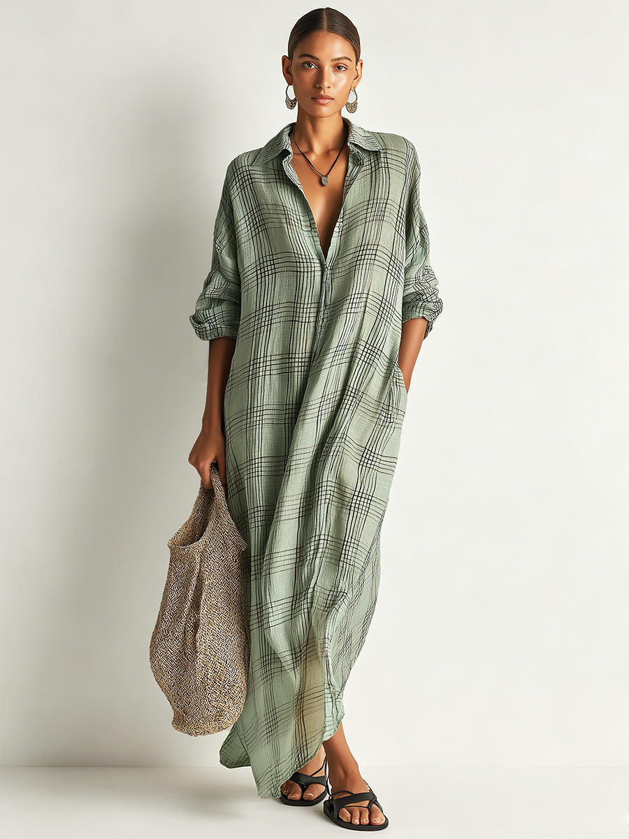 Plaid Cotton-Linen Shirt Midi Dress
