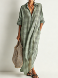 Plaid Cotton-Linen Shirt Midi Dress
