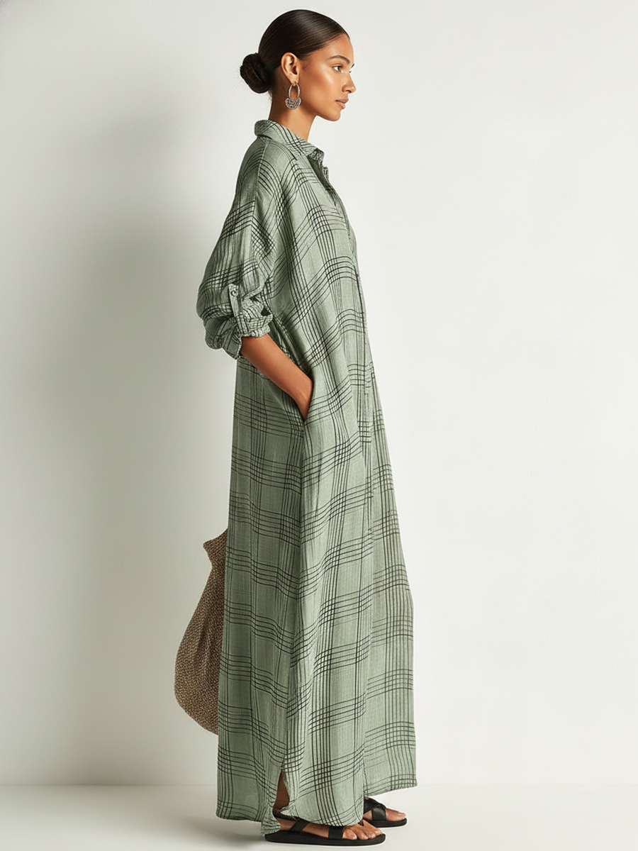 Plaid Cotton-Linen Shirt Midi Dress