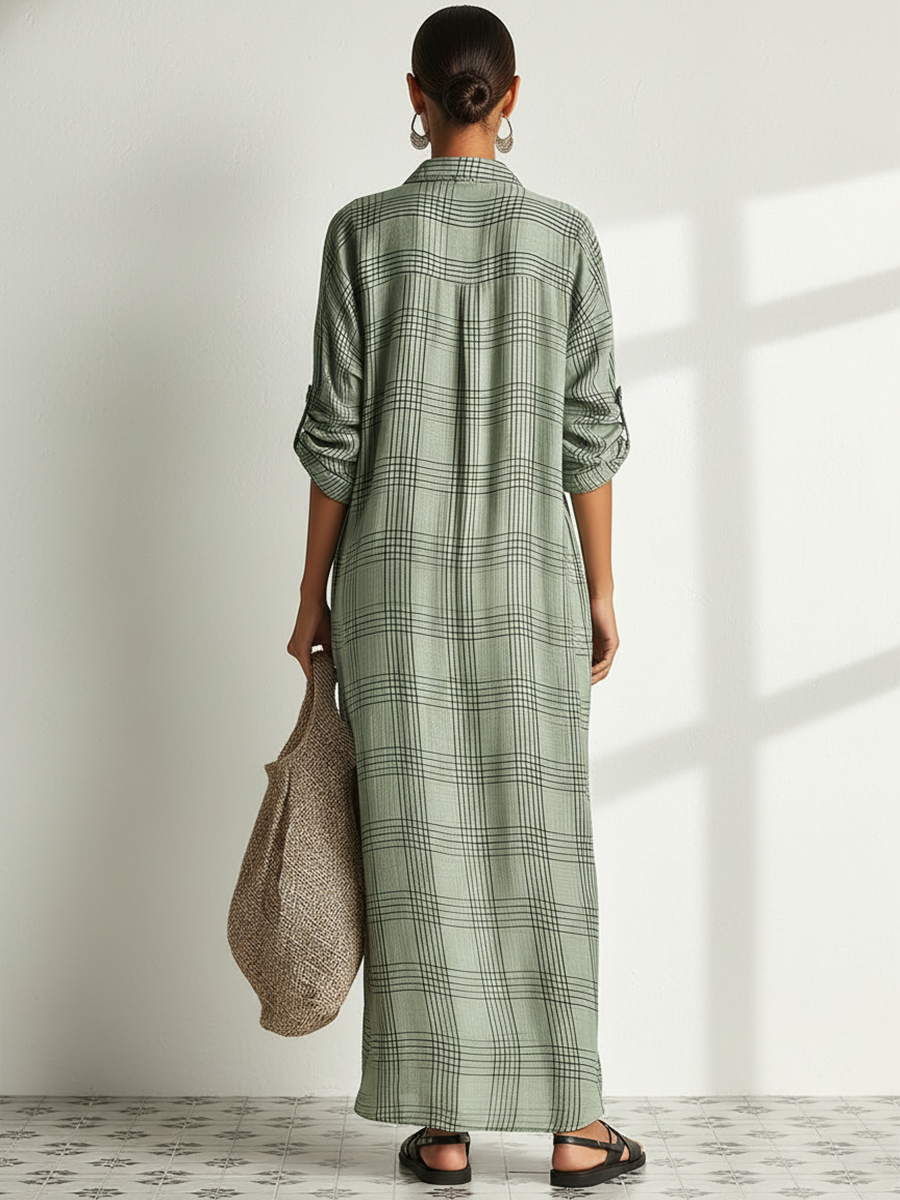 Plaid Cotton-Linen Shirt Midi Dress