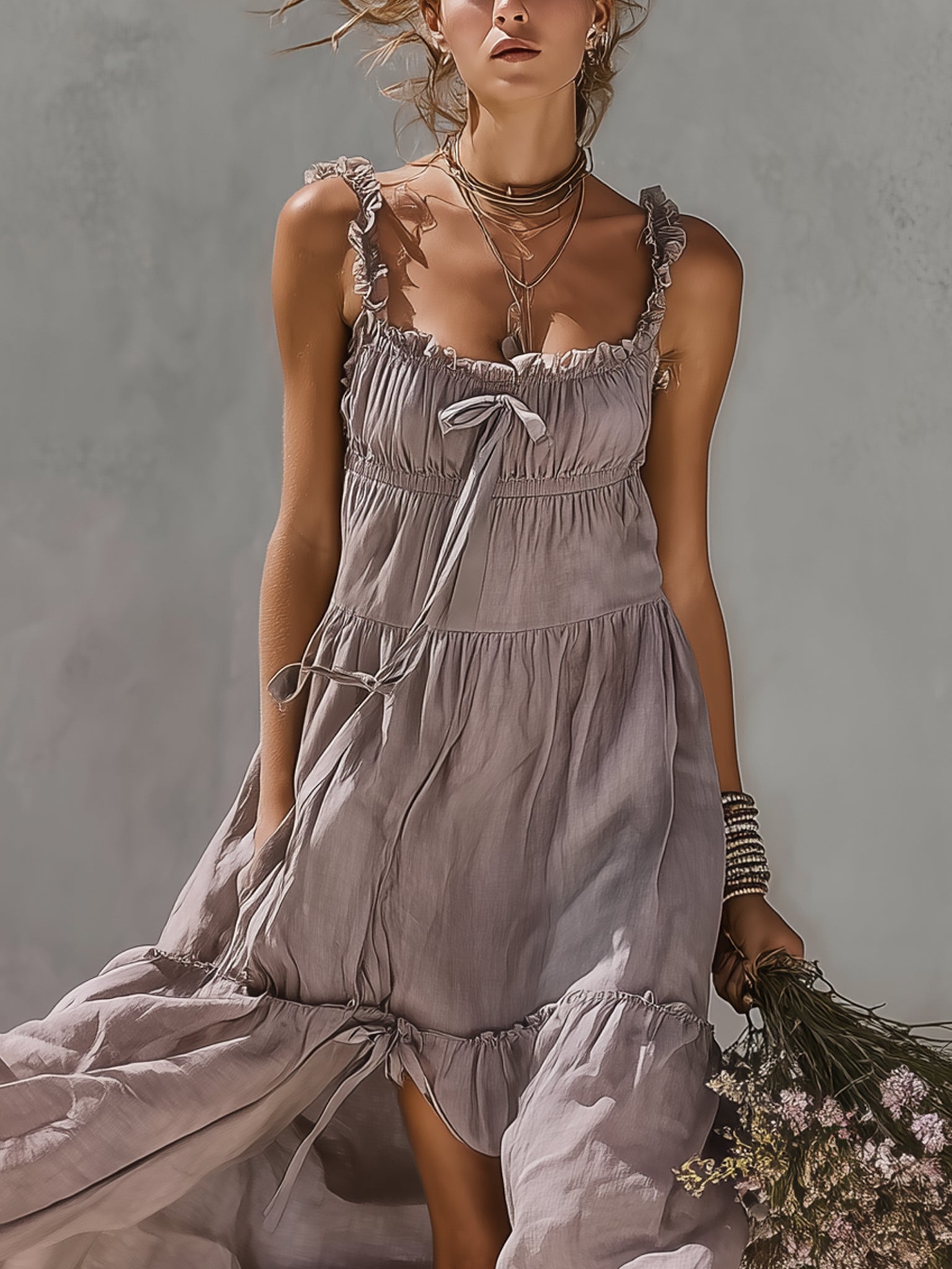 Lace Trim Linen Maxi Dress