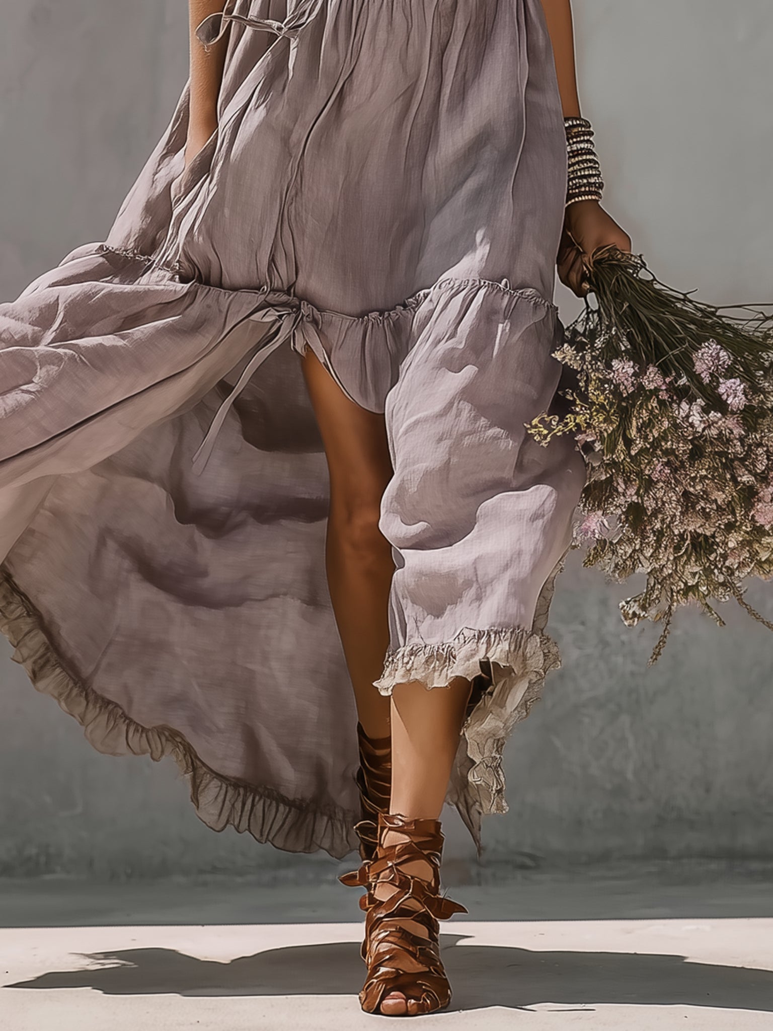 Lace Trim Linen Maxi Dress