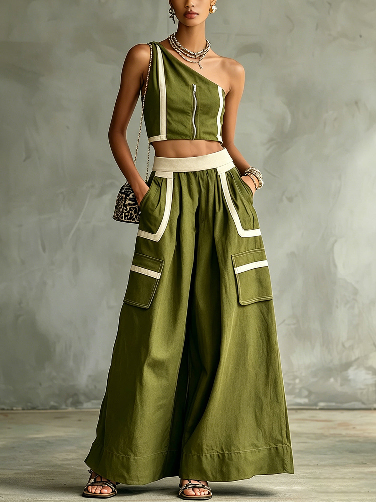 One-Shoulder Zip Pants Set