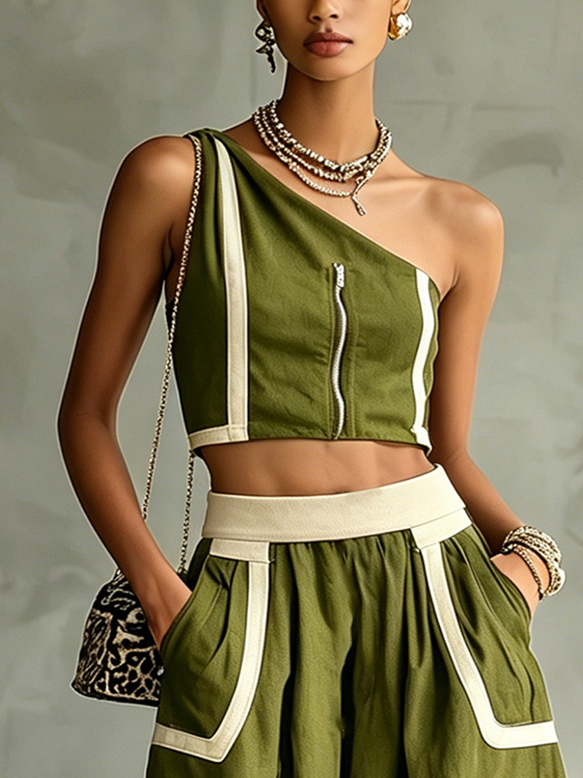 One-Shoulder Zip Pants Set