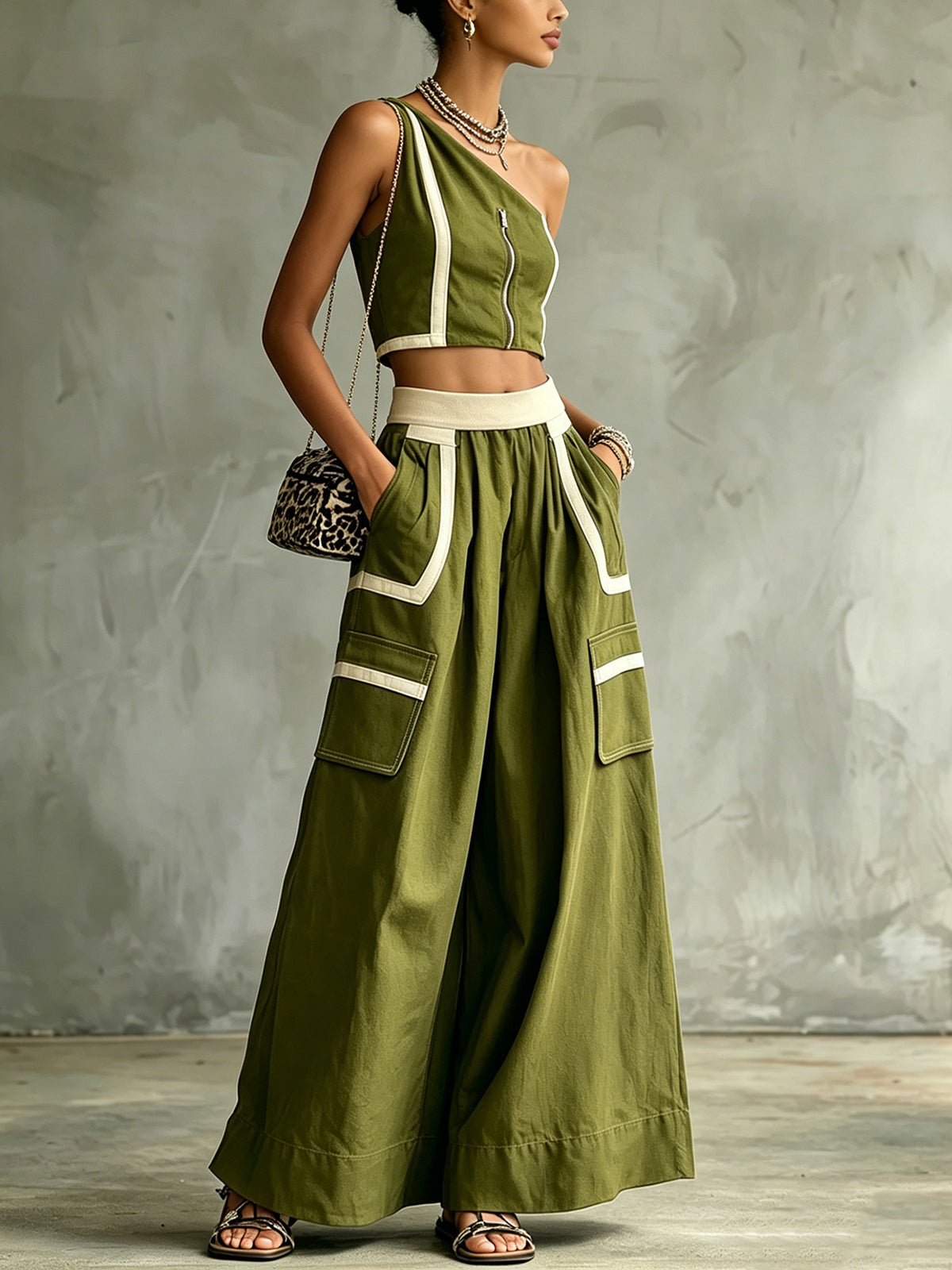 One-Shoulder Zip Pants Set