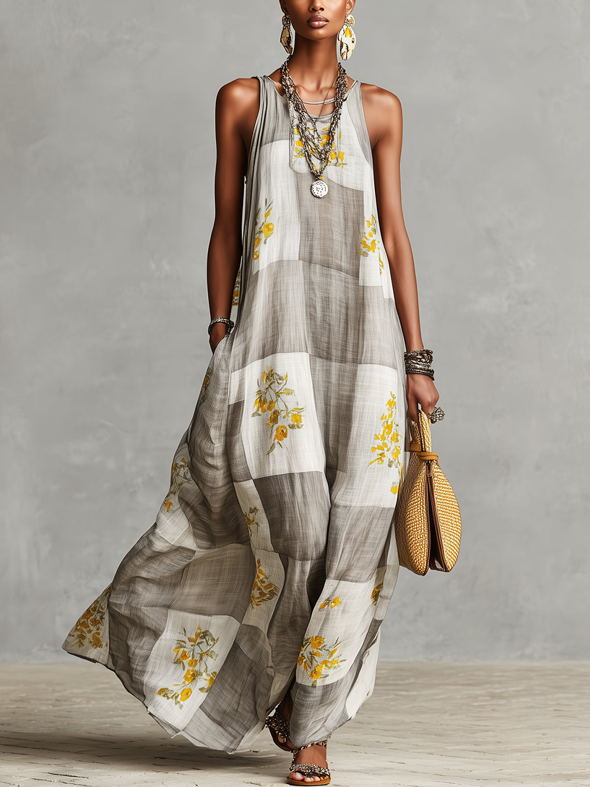 Checkered Floral Maxi Dress
