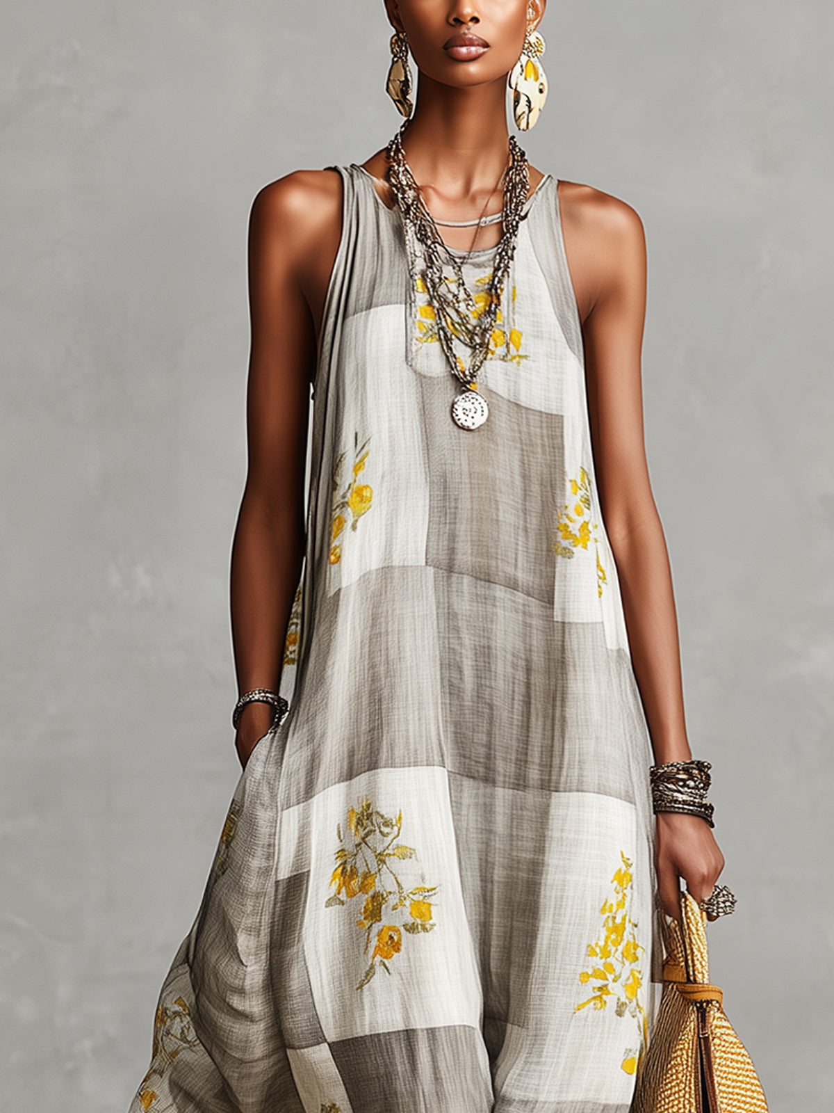 Checkered Floral Maxi Dress