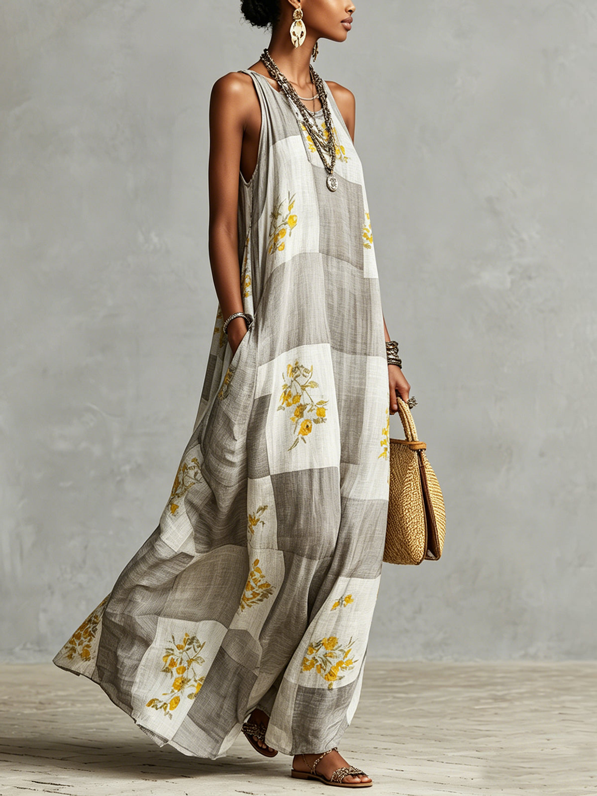 Checkered Floral Maxi Dress