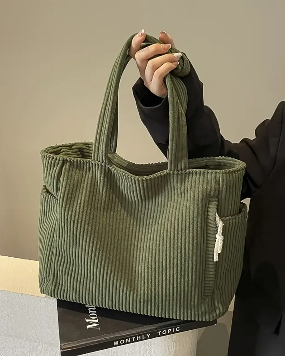 Kimmy – Ribbed Tote Bag with Drawstring Detail