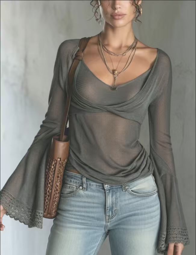 Sage Green Sheer Mesh Wrap Bell Sleeve Top
