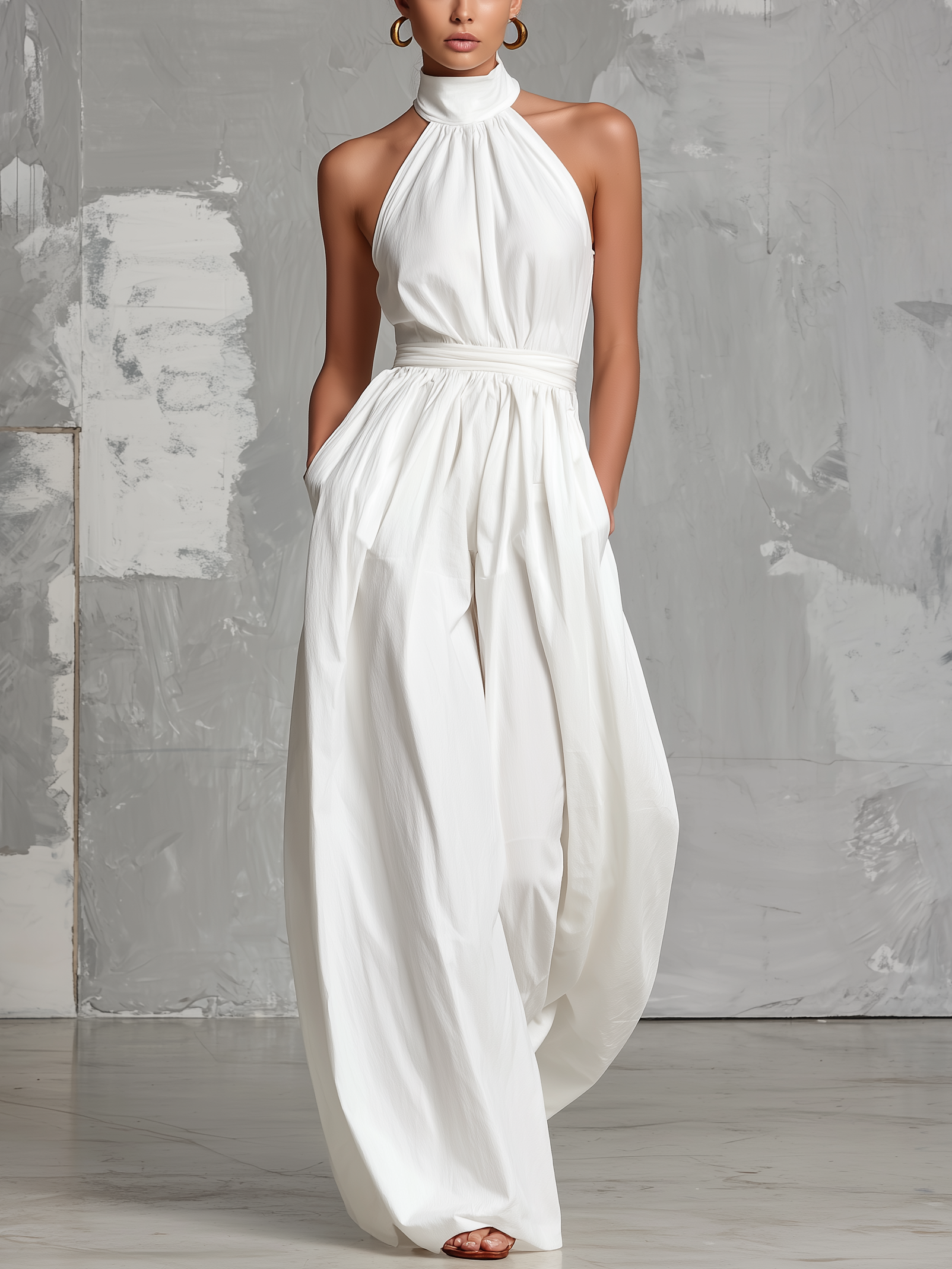 Elegant White Woven Sleeveless Halter-neck Jumpsuit