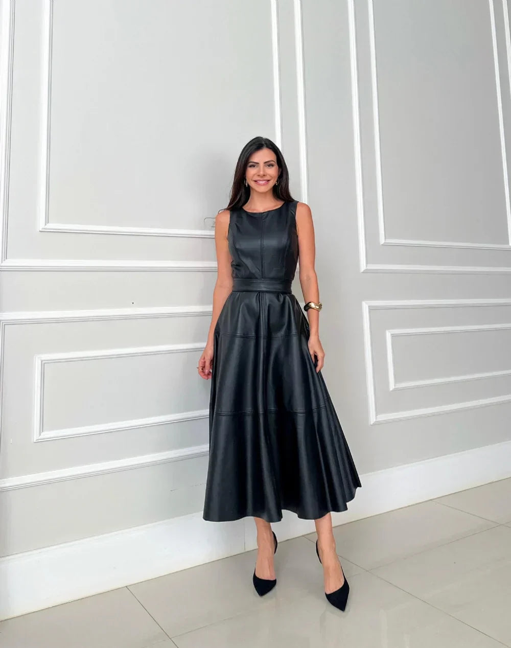 Tanya – Sleek Faux Leather Midi Dress