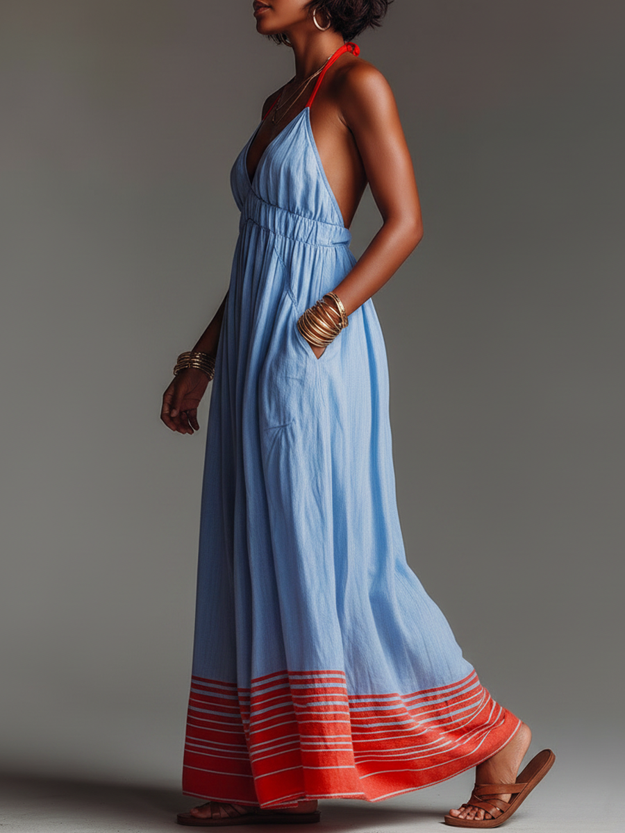 Vacation Style Blended Halter Neck Striped Hem Maxi Dress With Pockets