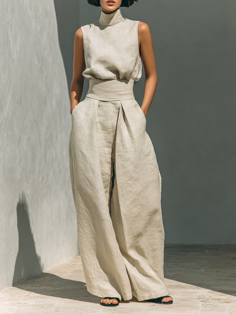 Maria™ | Complete set with tank top and wide-leg cotton and linen trousers