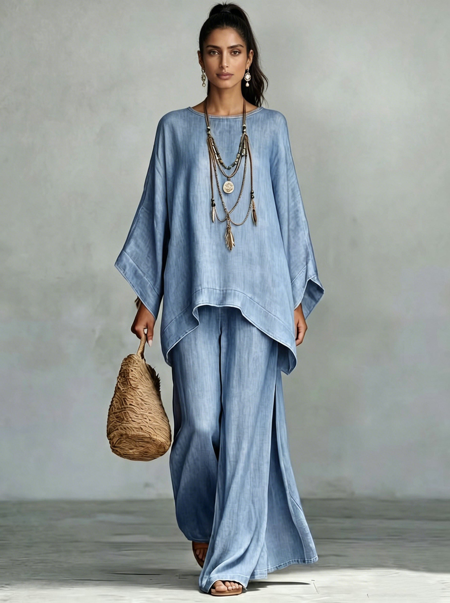 Denim Batwing Asymmetrical Top & Wide Leg Pants Set