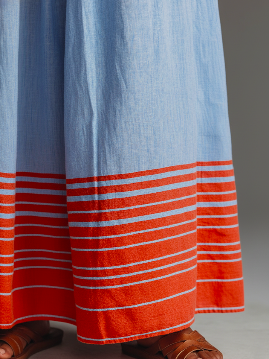 Vacation Style Blended Halter Neck Striped Hem Maxi Dress With Pockets