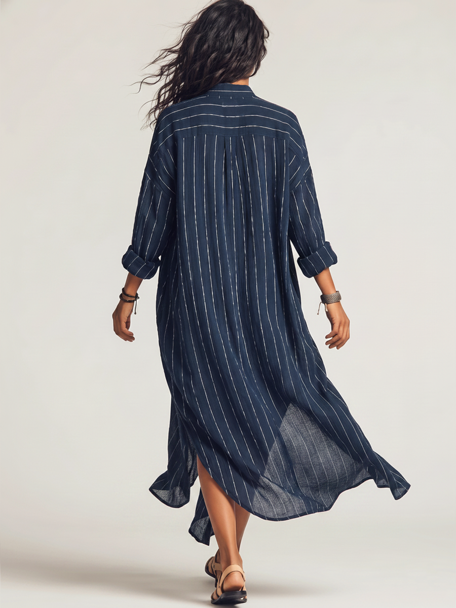 Striped Stand-Collar Chiffon Maxi Dress