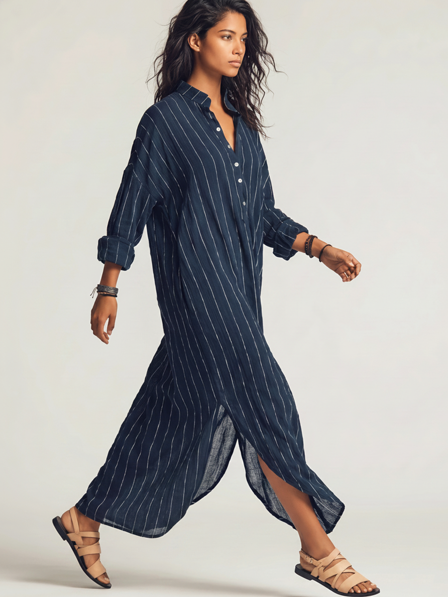 Striped Stand-Collar Chiffon Maxi Dress
