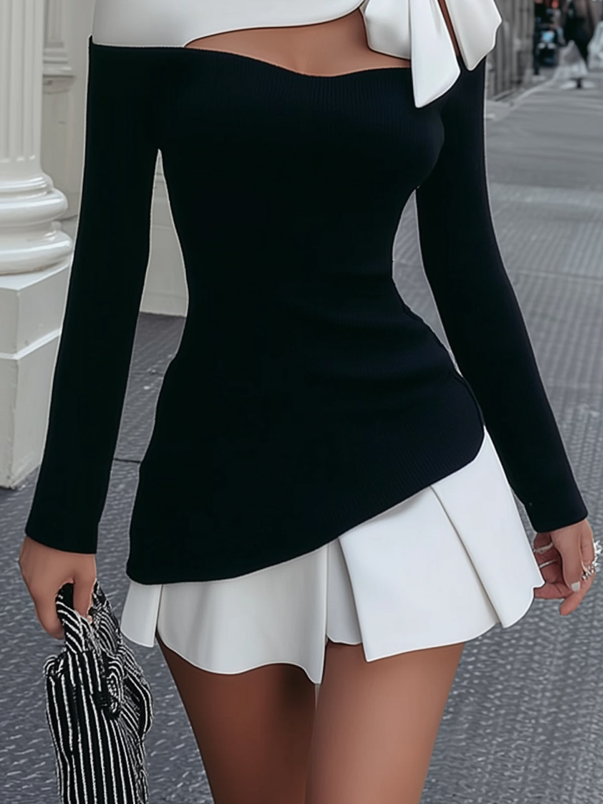 Monochrome Bow Cutout Mini Dress