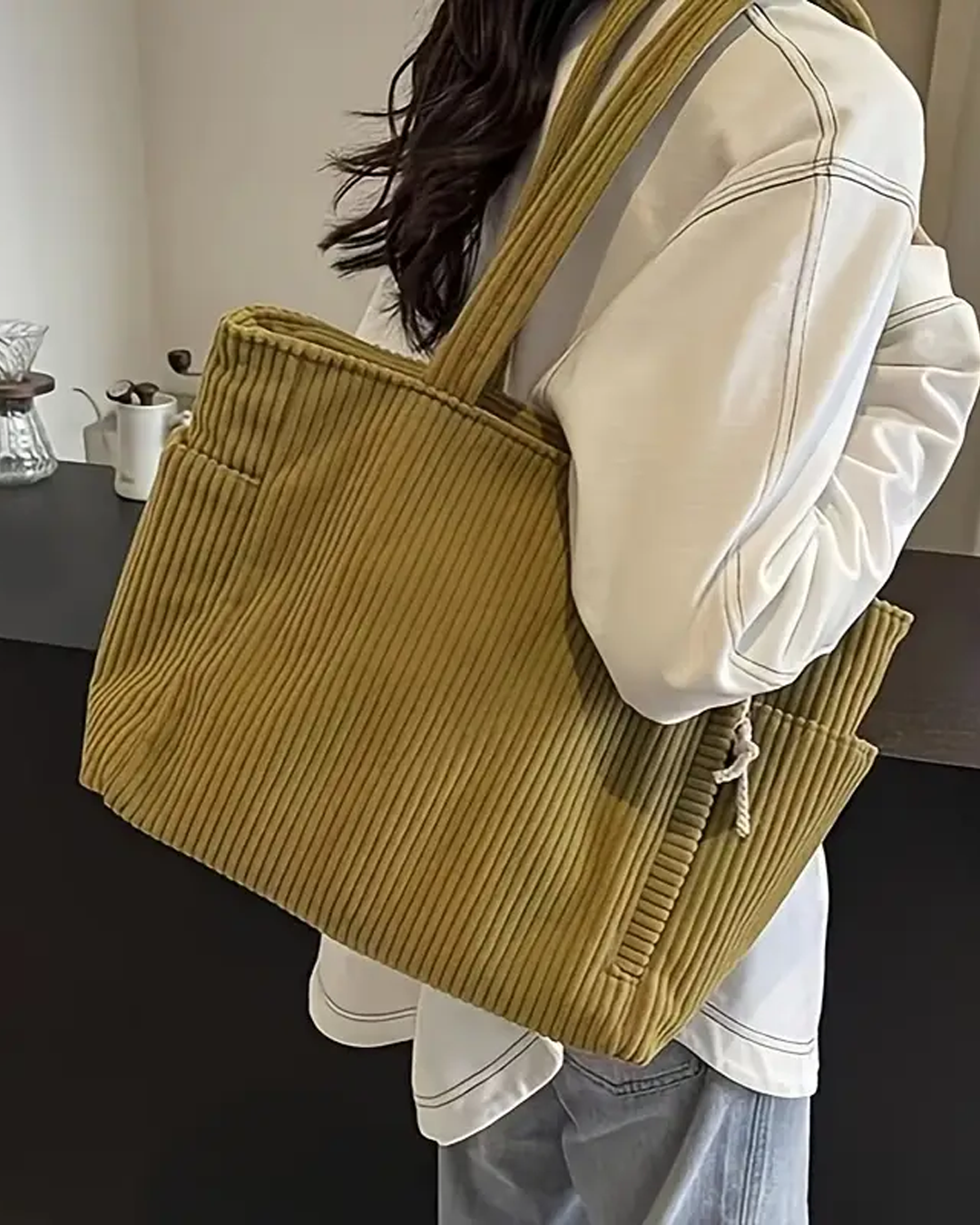Kimmy – Ribbed Tote Bag with Drawstring Detail