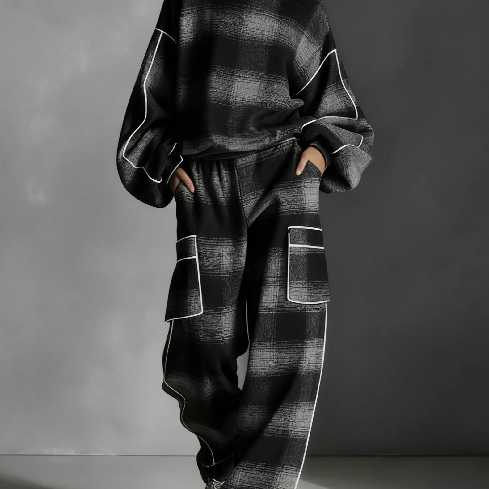 Red-Grey Plaid Contrast Sweatsuit Set