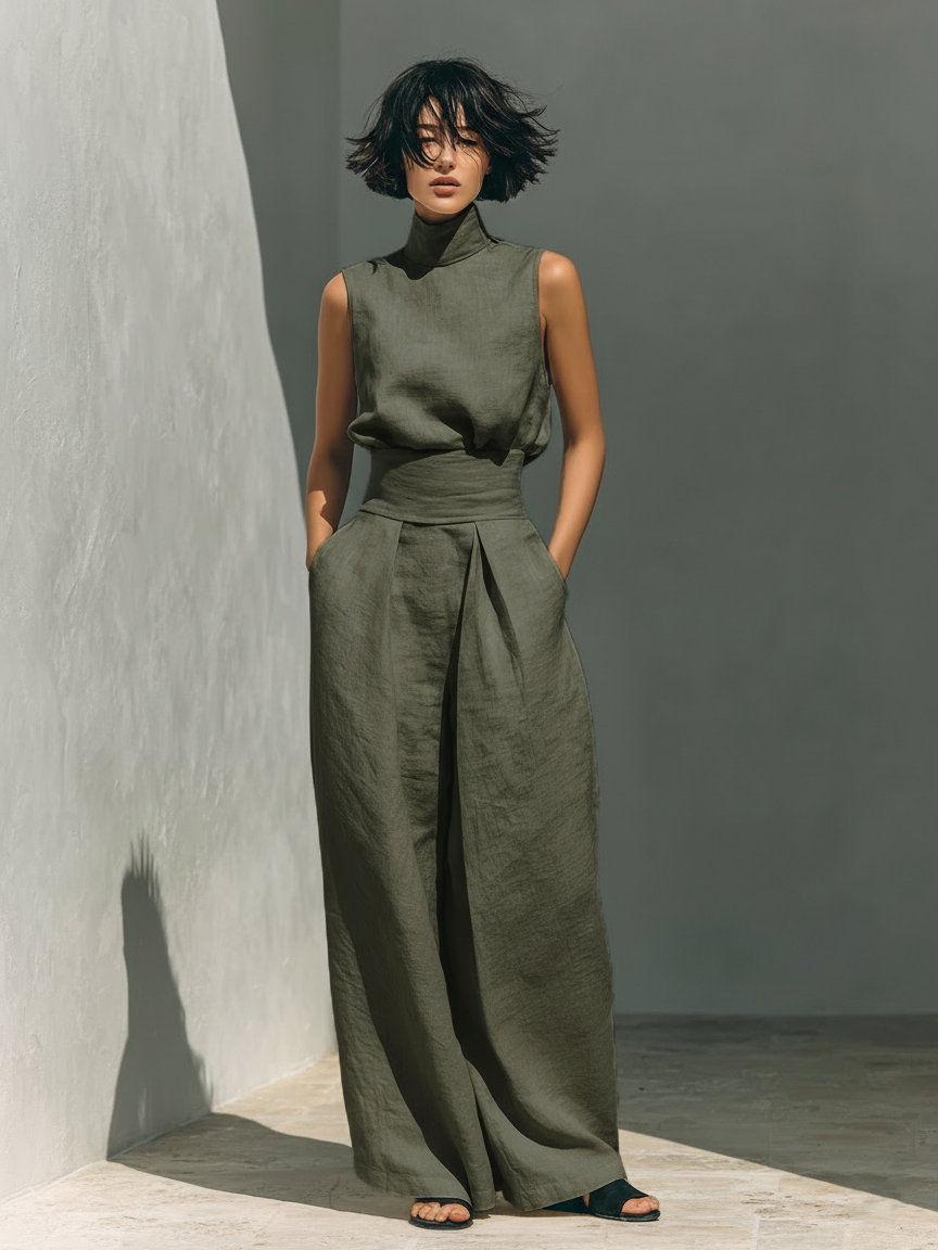 Maria™ | Complete set with tank top and wide-leg cotton and linen trousers