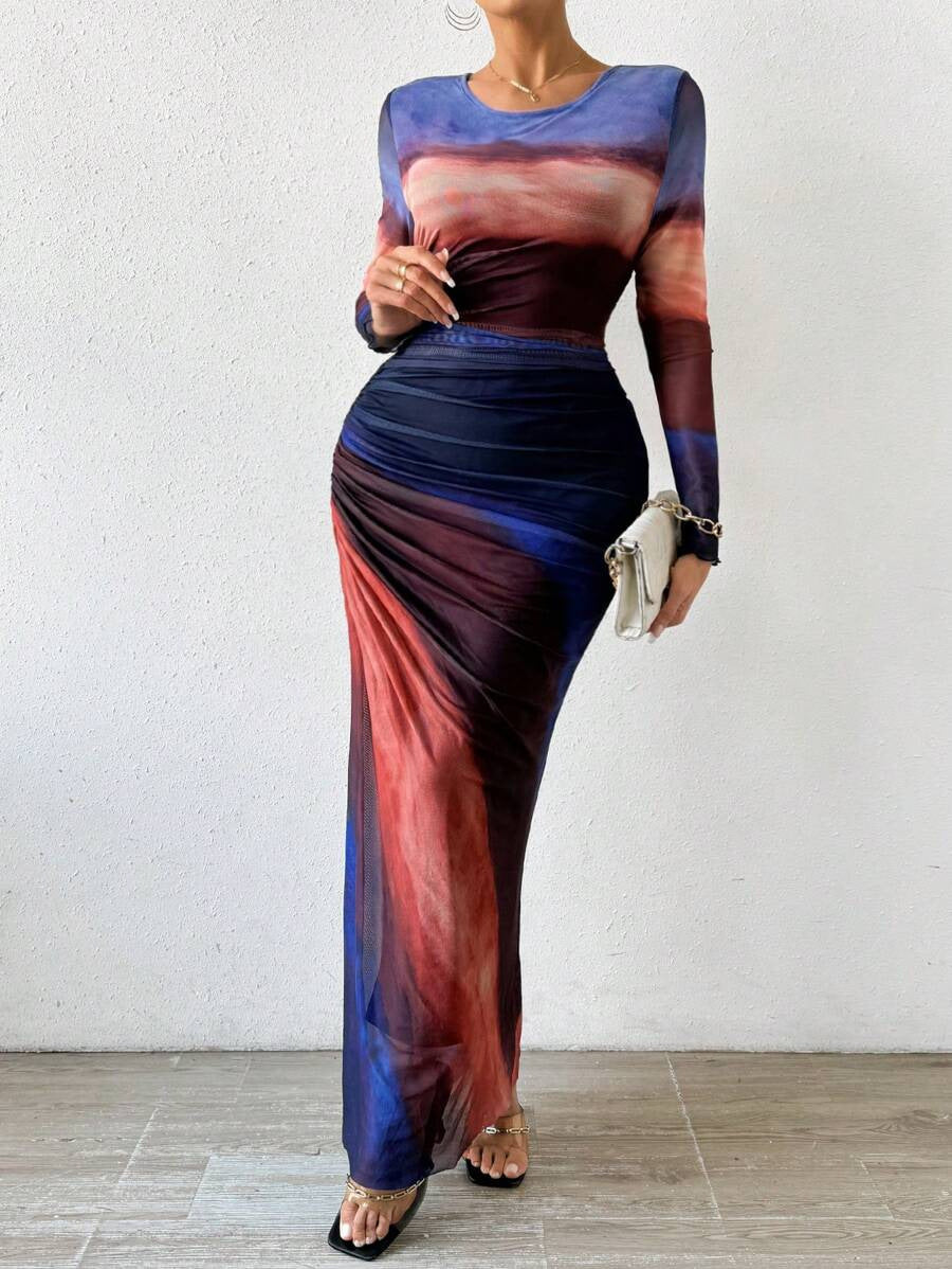Tyronia – Printed Long Sleeve Bodycon Maxi Dress