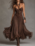 Dark Brown Lace Panel Maxi Chiffon Dresses