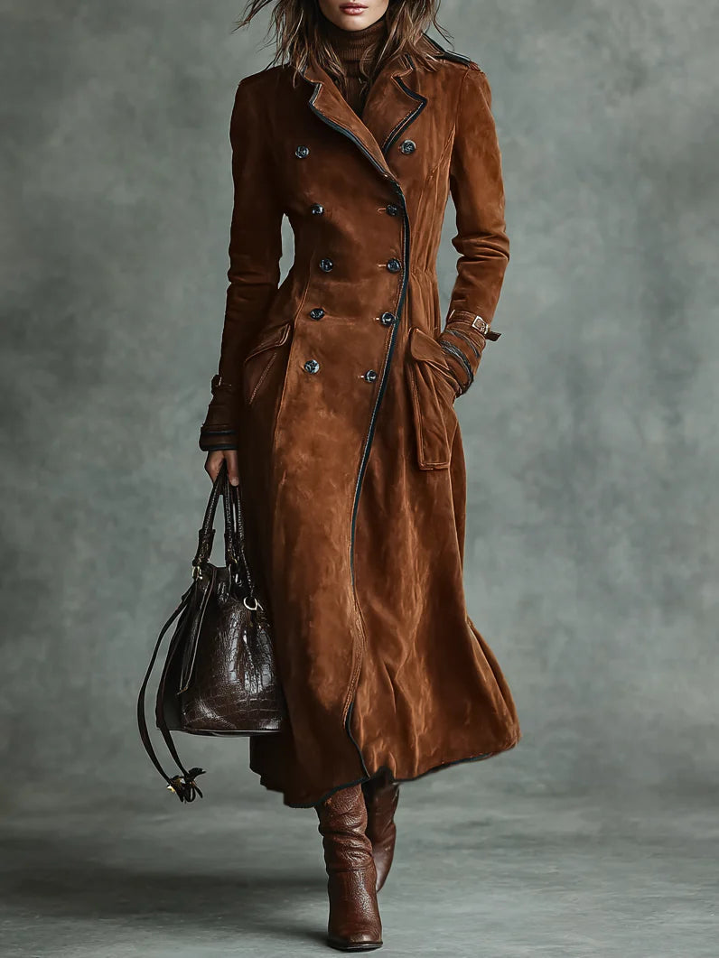 Double-breasted lapel long coat with suede and black trim