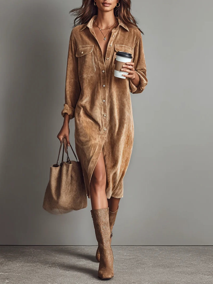 Margarette – Soft Corduroy Midi Dress with Button Closure