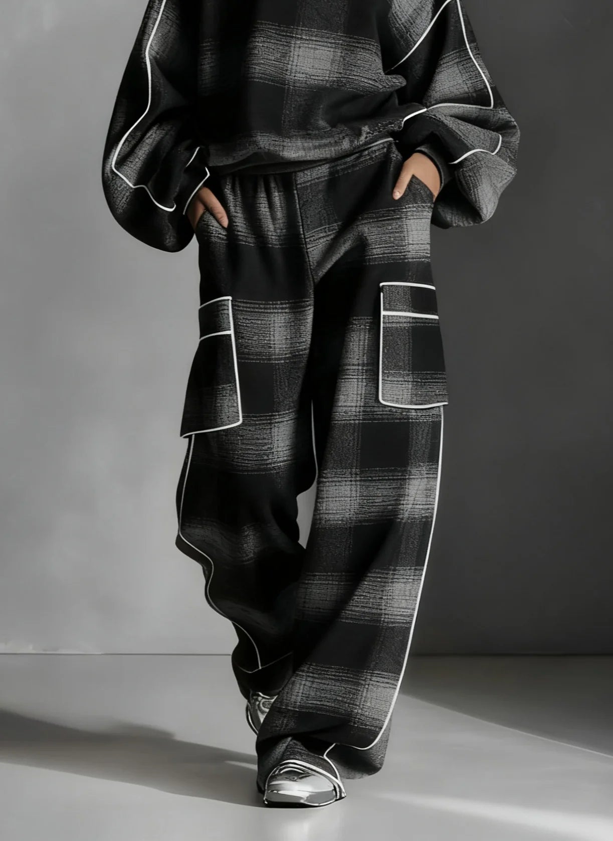 Red-Grey Plaid Contrast Sweatsuit Set