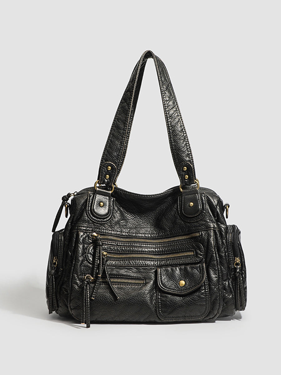 Women's Fashionable Distressed Multi-pocket Leather Handbag