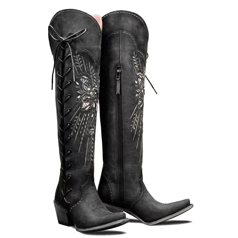 Vintage Embroidered Lace-Up Western Boots
