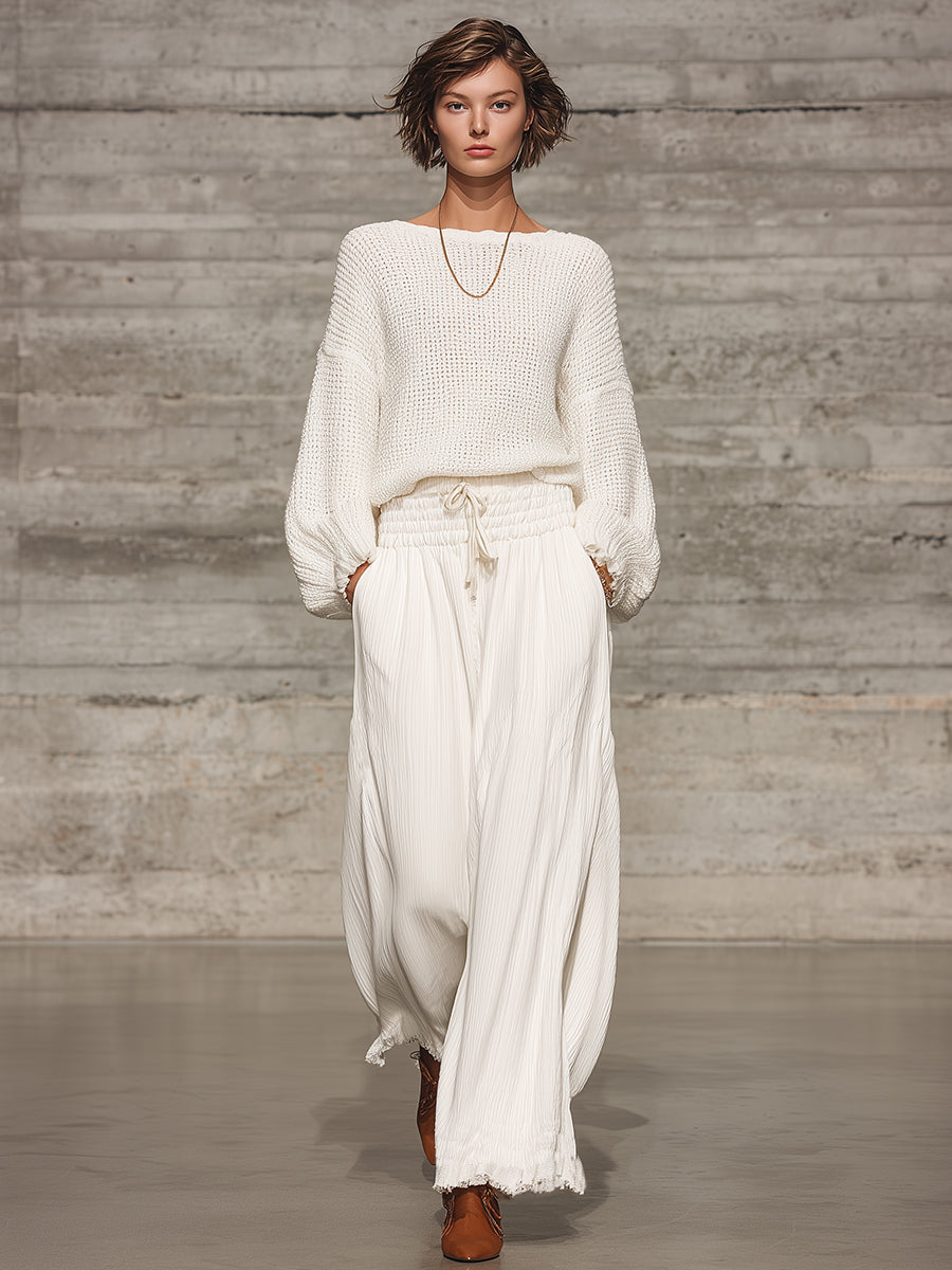 Retro Casual White Elastic Waist Wide-leg Pants