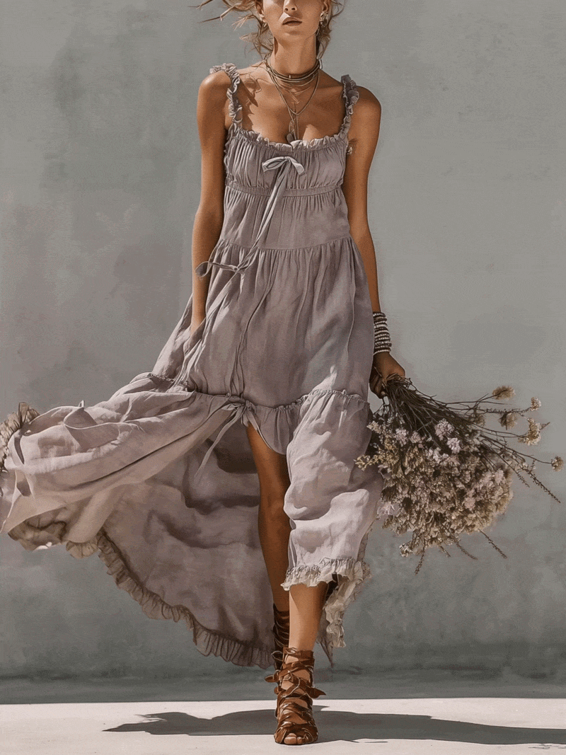 Lace Trim Linen Maxi Dress