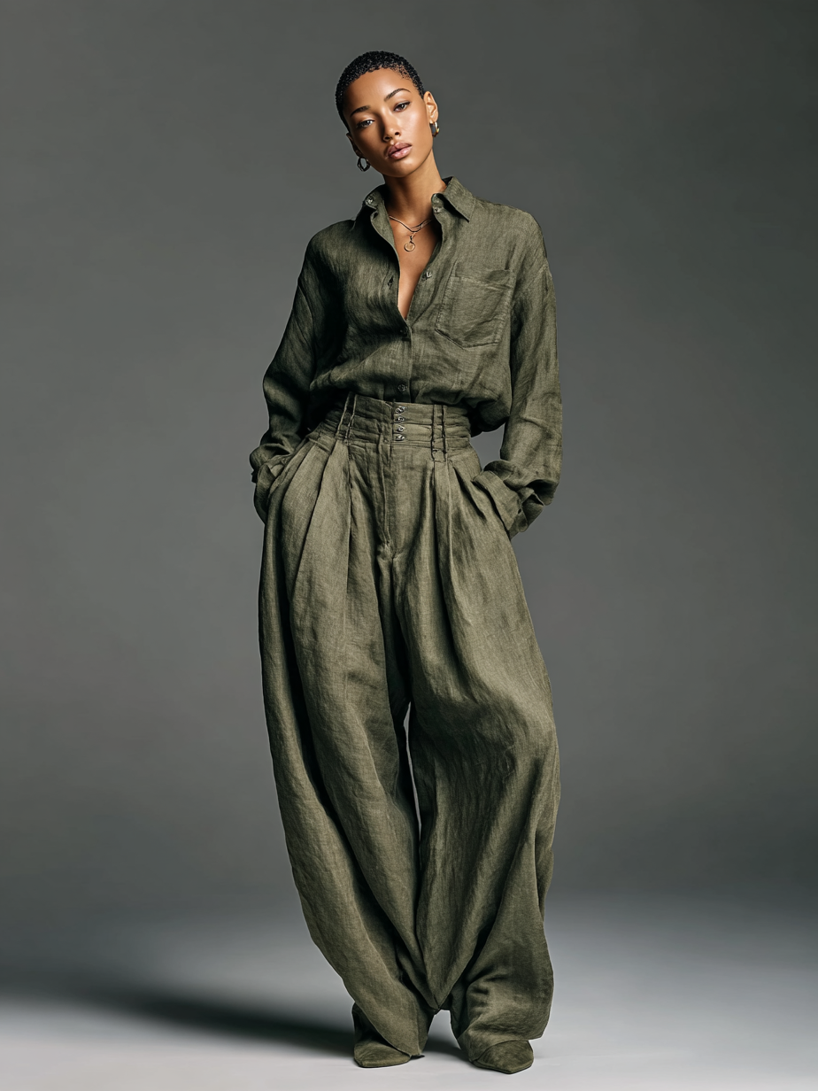 Women's Fashion Cotton And Linen Blended Long Sleeve Shirt Wide Leg Pants Two-Piece Set