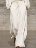 Retro Casual White Elastic Waist Wide-leg Pants